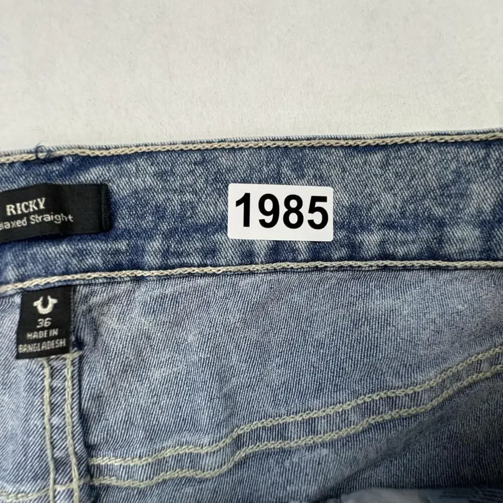 True Religion Ricky Jeans Mens 38x31 Blue Relaxed Straight Stretch Light Wash